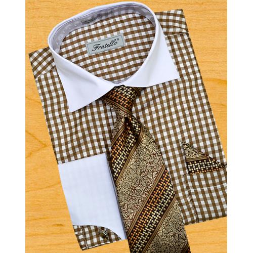 Fratello Brown / White Windowpanes With Spread Collar Dress Shirt/Tie/Hanky Set FRV4115P2